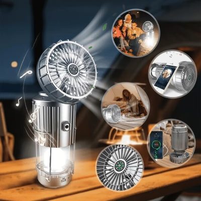 Lampe de camping 5 en 1 - ventilateur, lumière, haut-parleur, batterie externe et boussole | LANTFAN